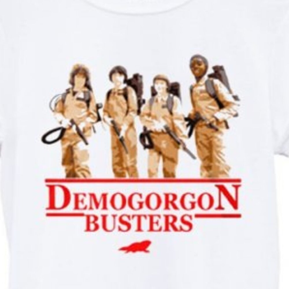 Stranger Things Demogorgon Busters Graphic Tee – Retro White T-Shirt 89 - Picture 2 of 5